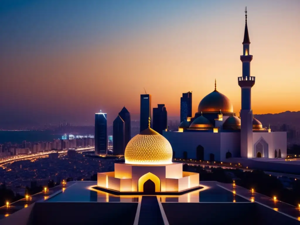 Inversión en criptomonedas halal: ciudad moderna al atardecer con mezquita en primer plano y símbolos digitales sutilmente integrados en los edificios