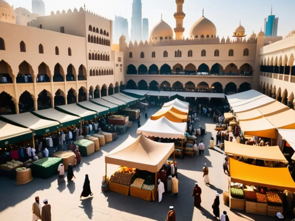 Inversiones criptomonedas halal en bullicioso mercado de ciudad del Medio Oriente, donde tradición y modernidad se entrelazan