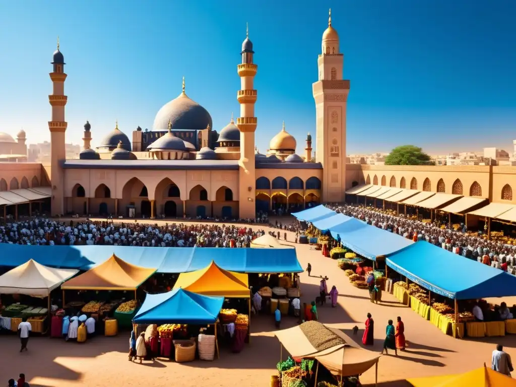 Mercado africano: color, diversidad y comunidad Una representación del Islam en el cine africano, con un bullicioso mercado africano y una majestuosa mezquita de fondo bajo un cielo azul