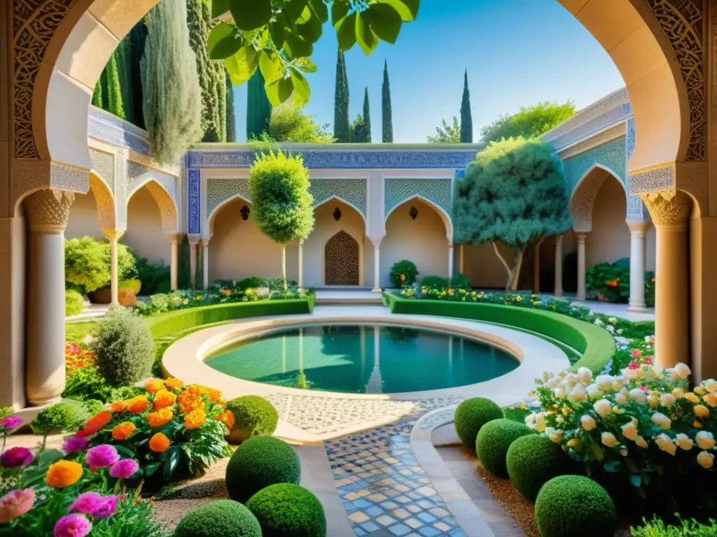 Jardín persa con ornamentación islámica, flores vibrantes y detalles arquitectónicos exquisitos, bañado por la suave luz del sol