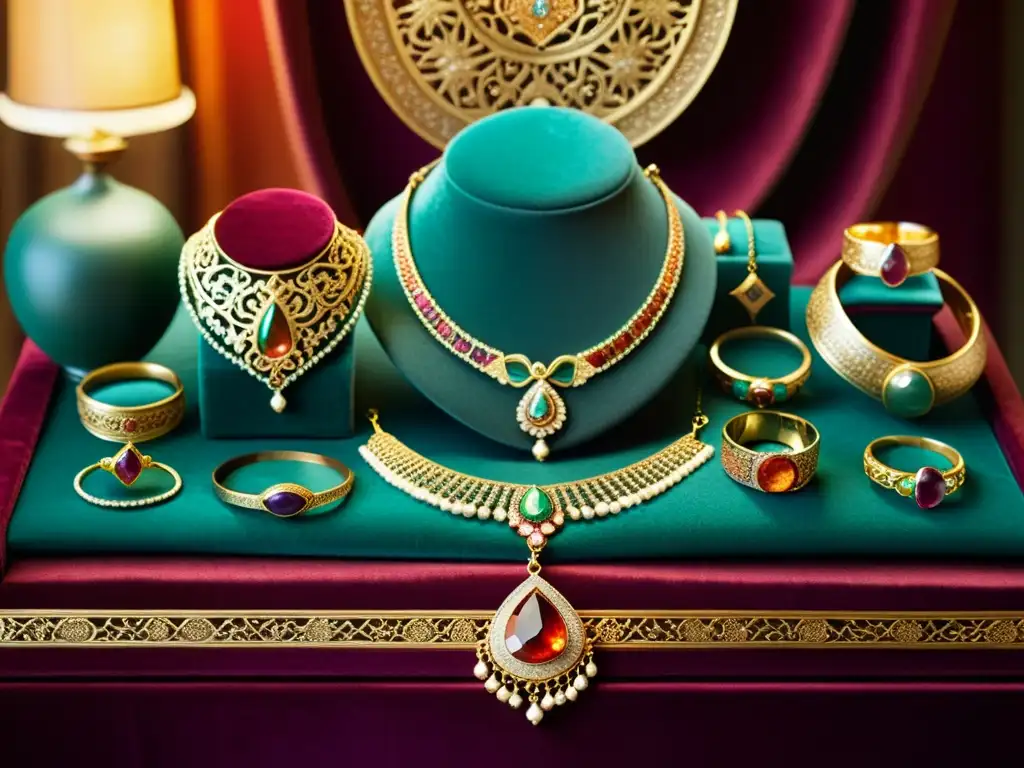 Exhibición de joyería islámica: artesanía y significado cultural Exhibición de joyería islámica con significado, con intrincados diseños y gemas preciosas en vibrantes telas y suave iluminación