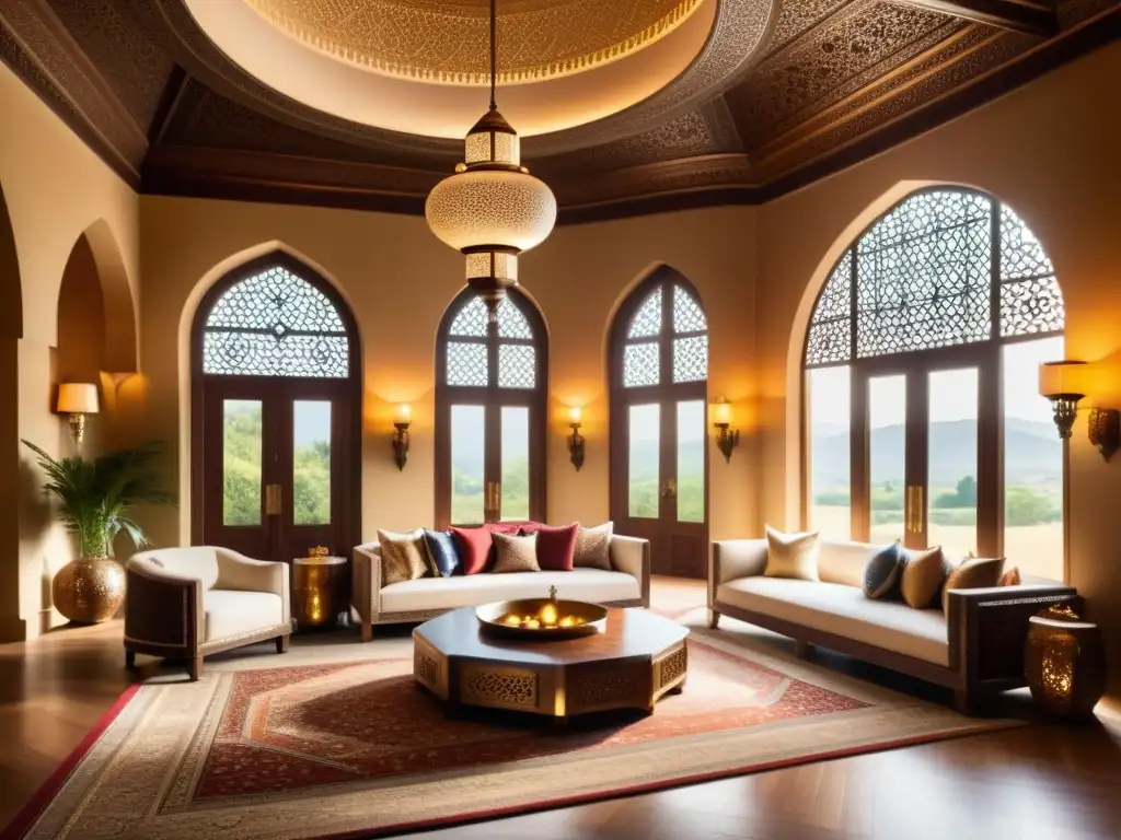 Salón de lujo con muebles inspirados en el Islam Salón lujoso con decoración islámica sutil: muebles elegantes, lámparas colgantes y alfombras, bañado en cálido resplandor dorado