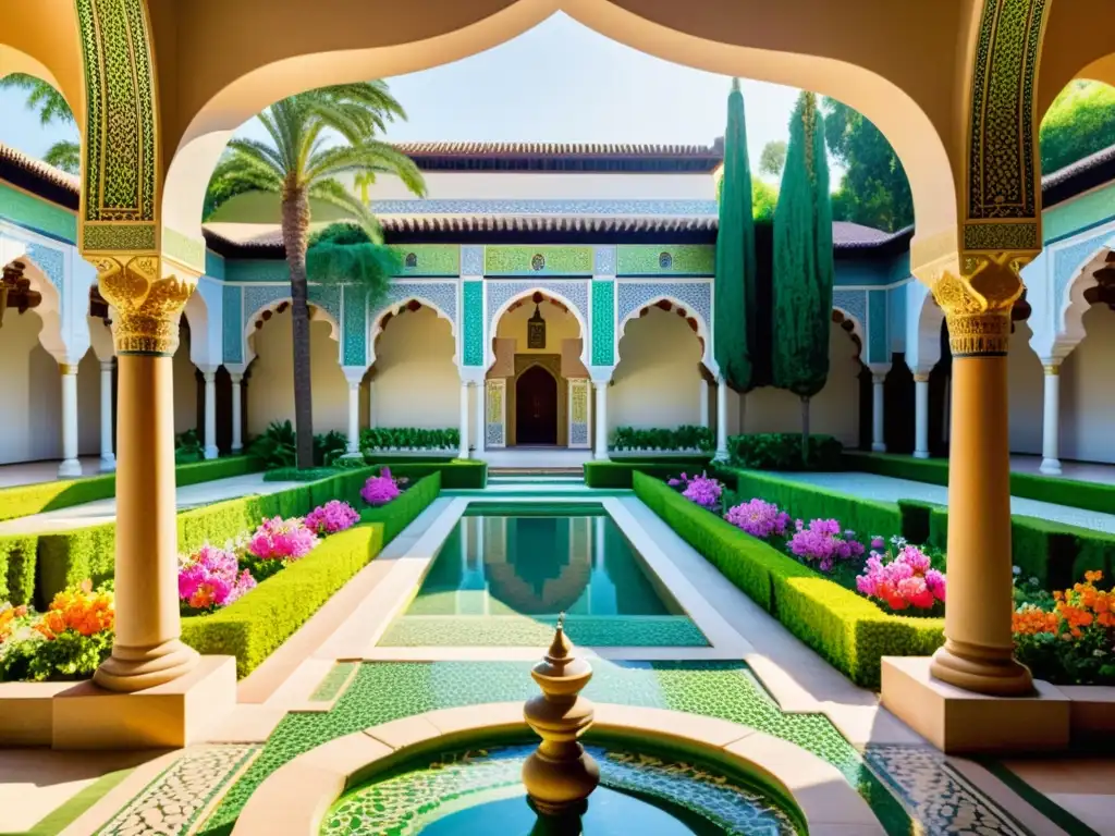 Un jardín islámico celestial con flores coloridas, agua y arquitectura