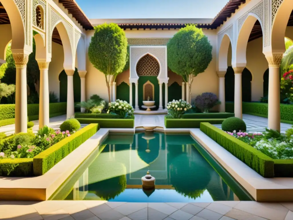 Un jardín islámico detallado y exquisito, con geometría, vegetación exuberante, flores coloridas y agua tranquila