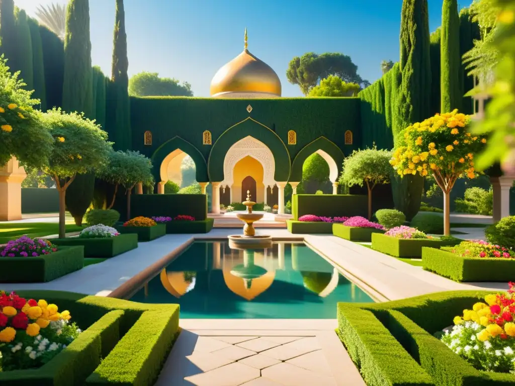 Un jardín islámico exquisito, lleno de flores vibrantes y fuentes elegantes