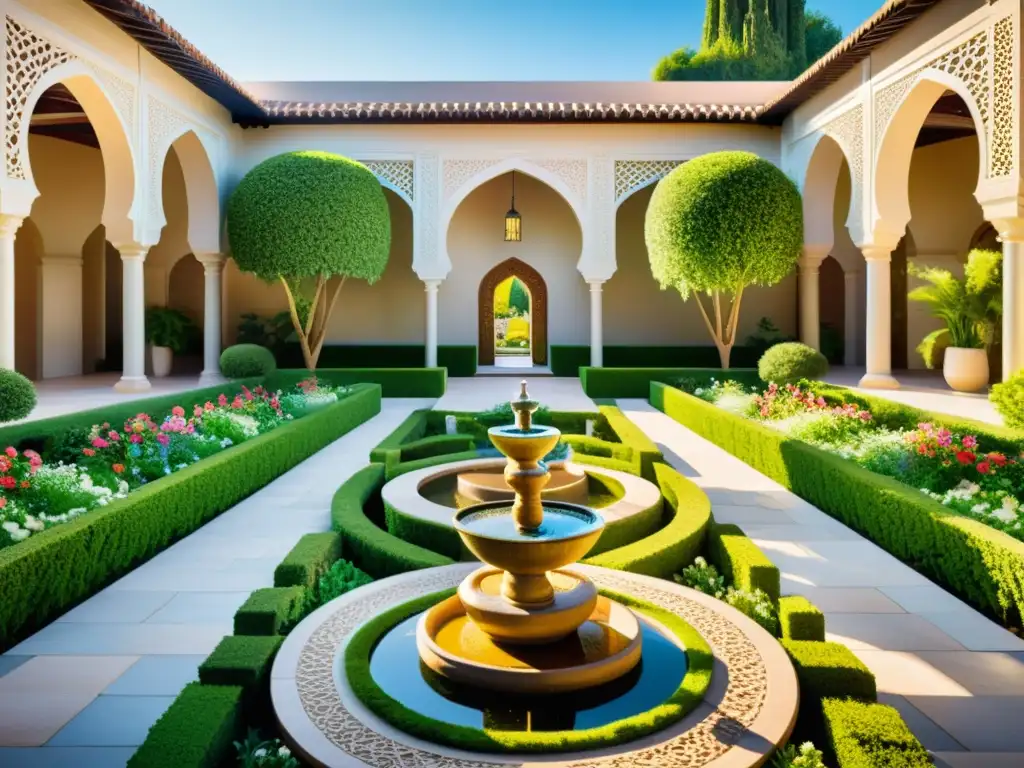 Un jardín botánico islámico exquisito con senderos geométricos, flores vibrantes y arcos elegantes