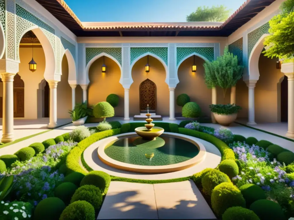 Jardín islámico de sanación holística: pintura detallada Un jardín de curación islámico con exuberante vegetación, flores vibrantes, fuentes y prácticas de medicina holística