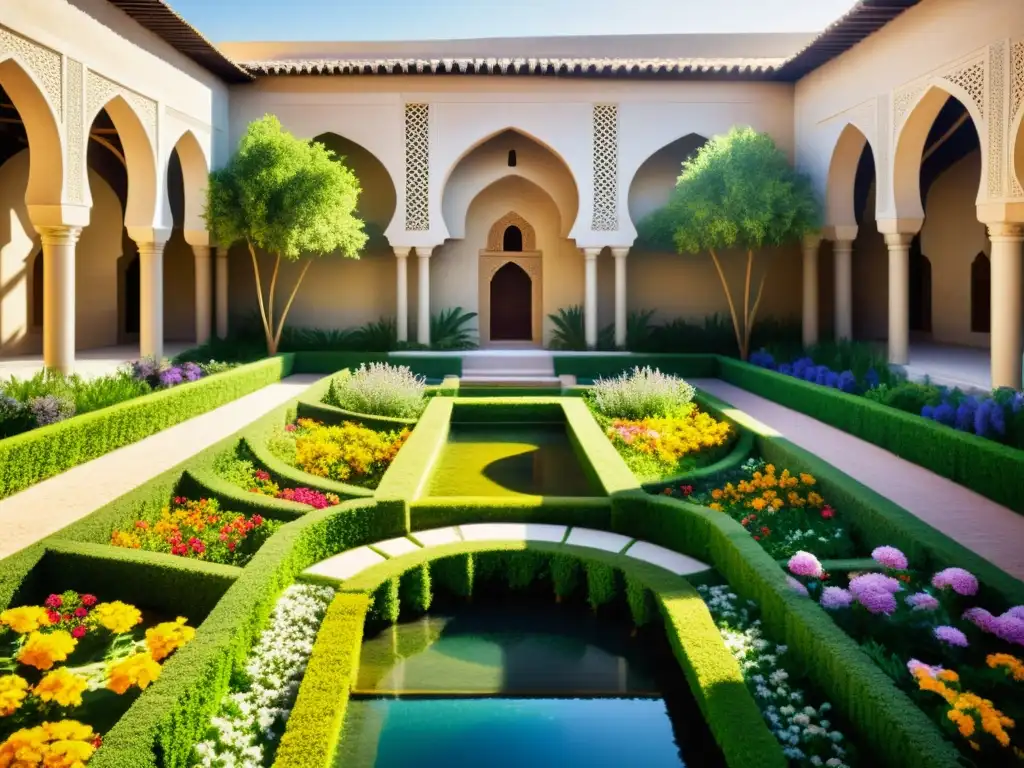 Un jardín islámico exuberante con qanats y técnica arte qanats jardines islámicos, lleno de flores vibrantes y arquitectura majestuosa islámica