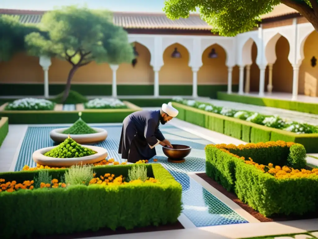 Un jardín islámico exuberante con sabiduría ancestral islámica etnobotánica en una atmósfera serena y contemplativa bañada por la cálida luz dorada