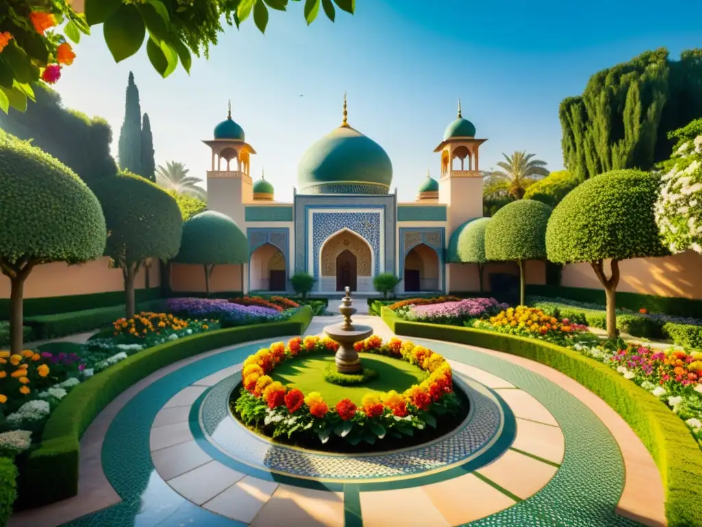 Un jardín botánico islámico exuberante y vibrante, con flores coloridas y un ambiente sereno