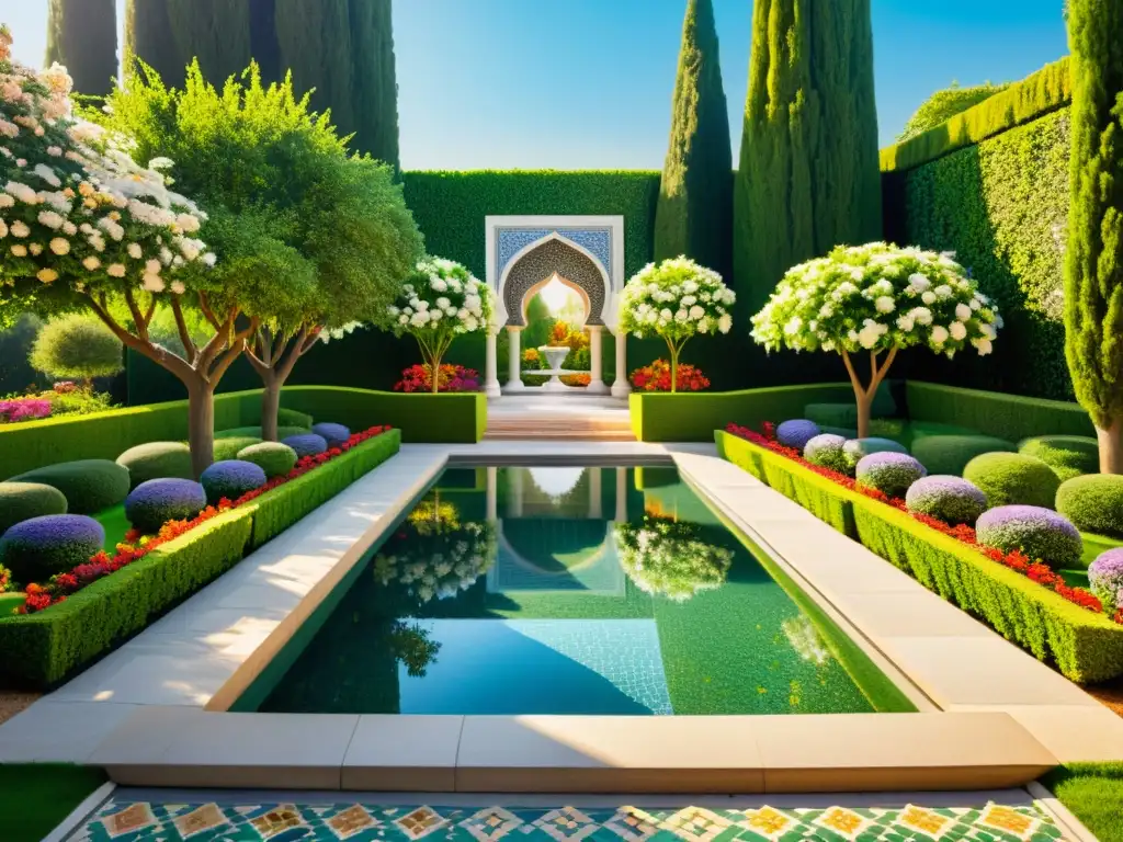 Jardín islámico con flores coloridas, piscina tranquila y mosaicos