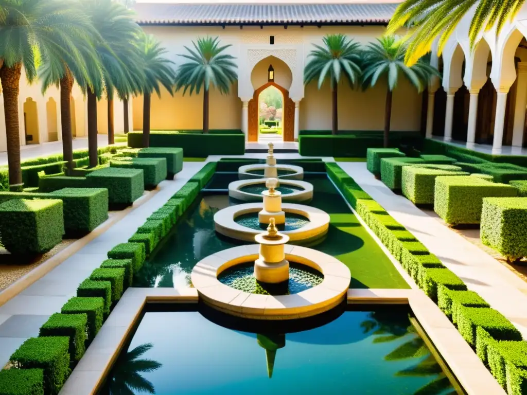 Un jardín islámico con geometría floral, agua serena, paredes de piedra tallada y palmeras altas