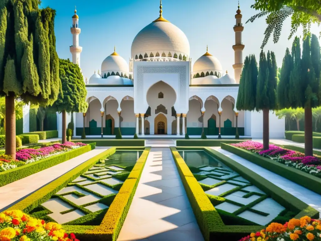 Un jardín islámico impresionante, rebosante de flores vibrantes y exuberante vegetación, con diseños geométricos y una mezquita majestuosa