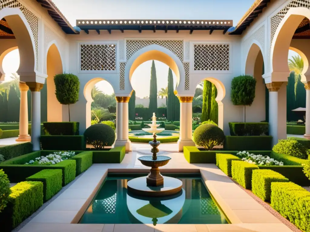 Un jardín islámico impresionante con vibrantes parterres de flores y un elegante fuente central rodeada de azulejos intrincados