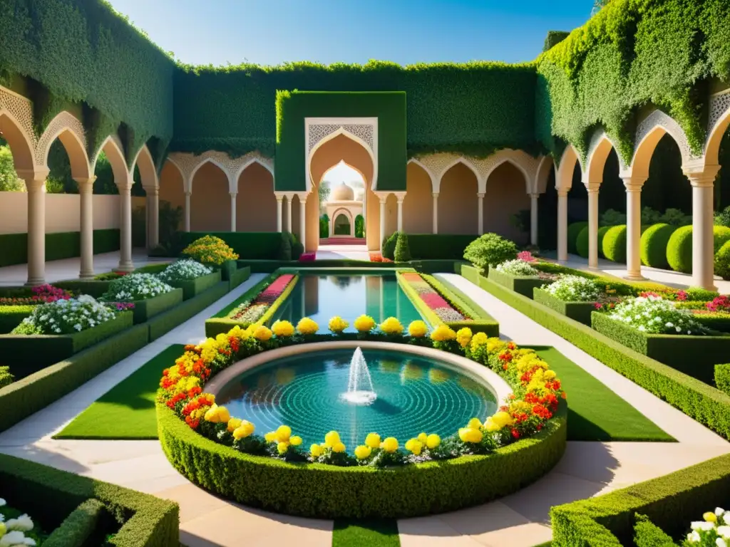 Jardín islámico con interculturalismo, flores vibrantes, agua serena y arquitectura tradicional, bajo la cálida luz del sol