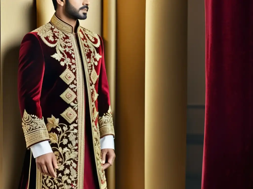 Un sherwani islámico masculino, ricamente bordado en hilo de oro y adornado con delicadas cuentas, se muestra sobre terciopelo carmesí