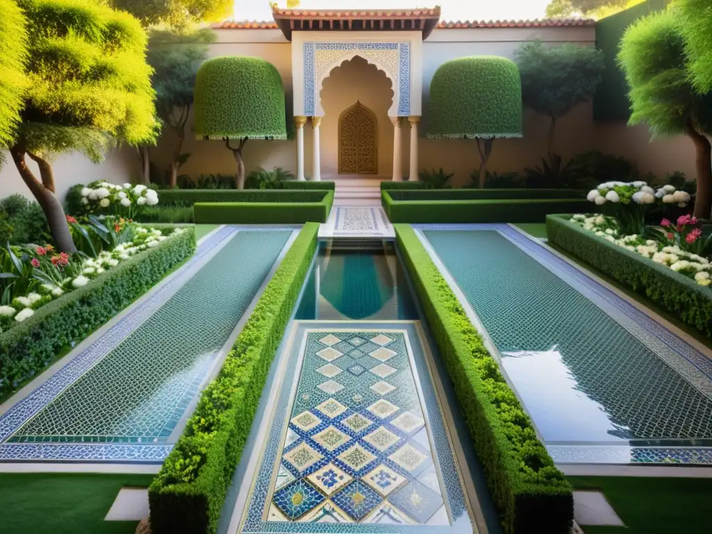 Un jardín islámico moderno con senderos de azulejos, un patio tranquilo y vegetación exuberante