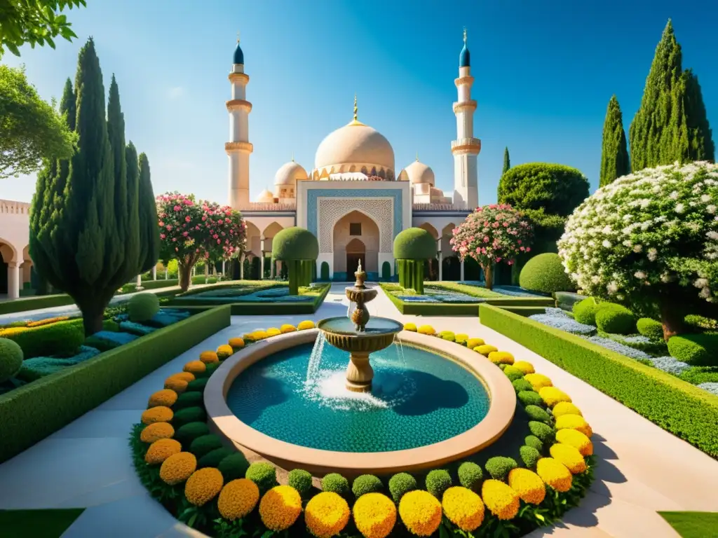 Un jardín islámico tradicional con flores vibrantes y una fuente tranquila, iluminado por el amor divino en poesía islámica