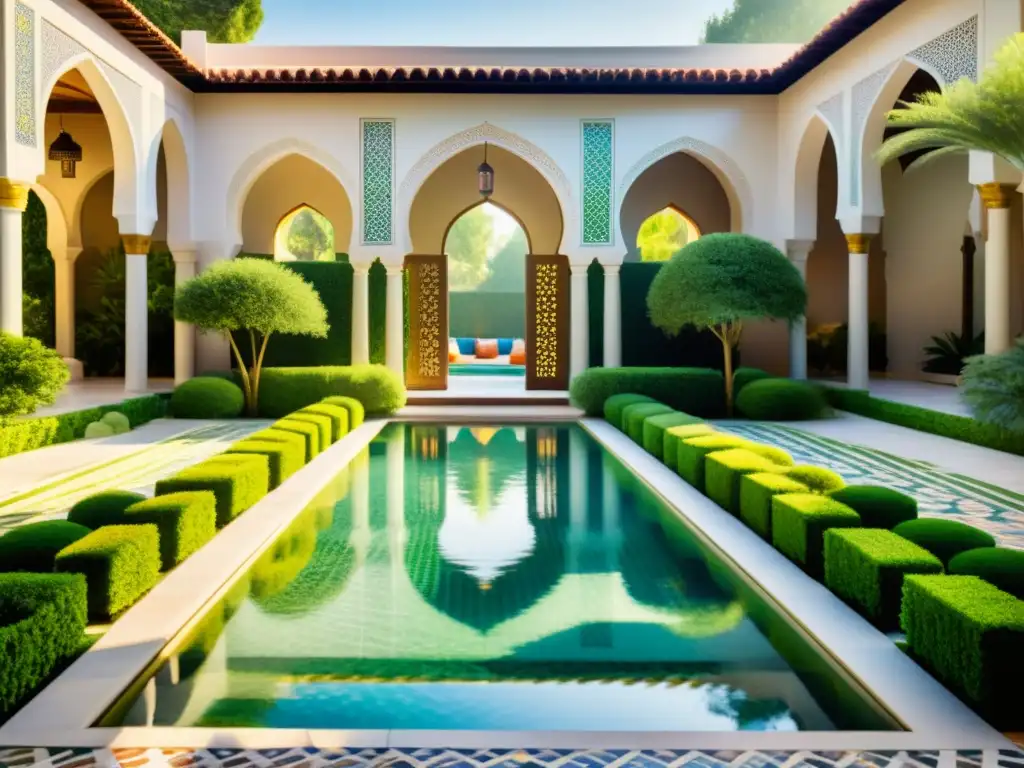 Un jardín islámico tranquilo con simbolismo del agua en su centro, reflejando la belleza de la arquitectura y la naturaleza