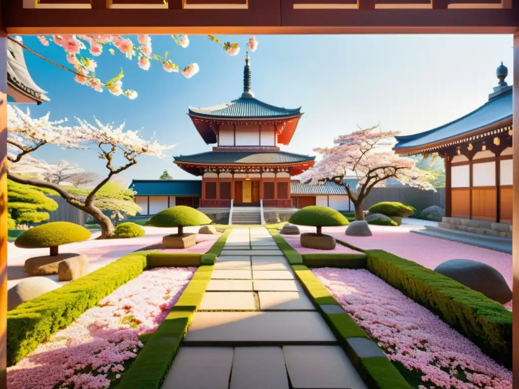 Jardín japonés con cerezos en flor y mezquita islámica, reflejando la fusión cultural de Japón e Islam