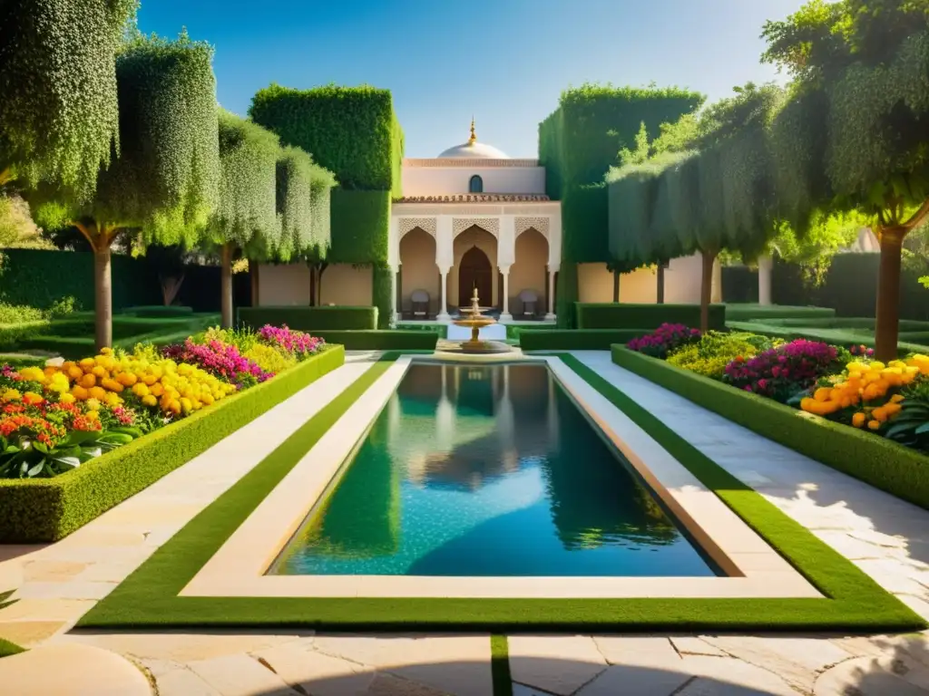 Un jardín exuberante en Al-Ándalus, con flores coloridas, fuentes intrincadas y senderos bordeados de árboles cítricos