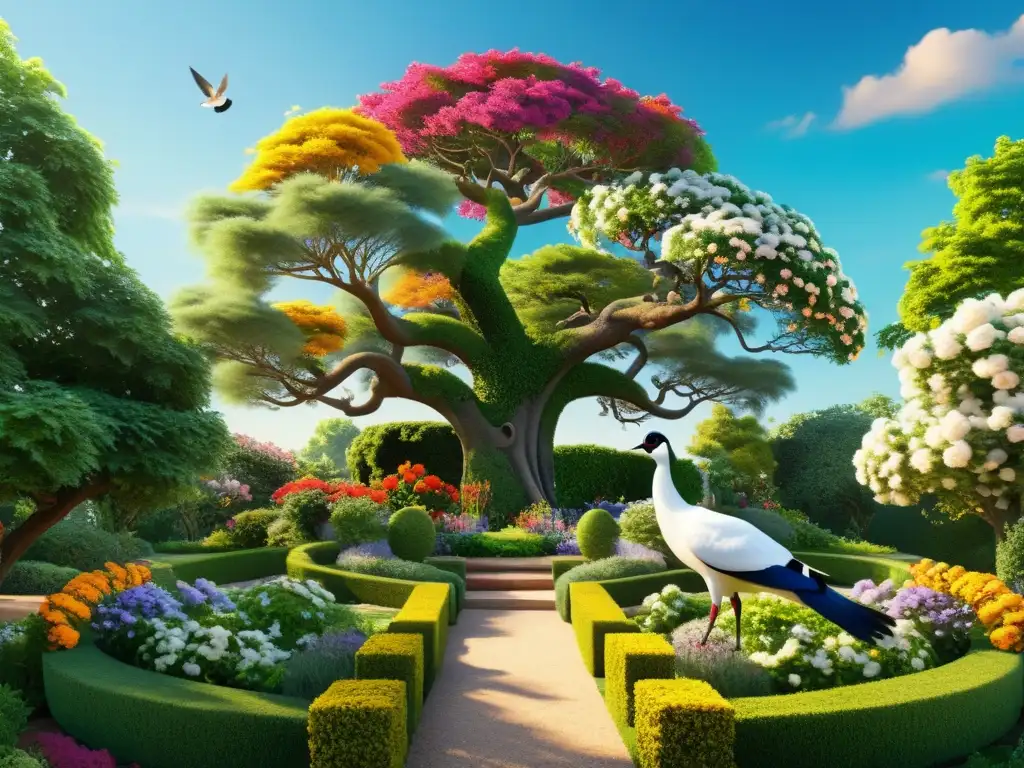 Un jardín exuberante y místico con aves y un árbol majestuoso