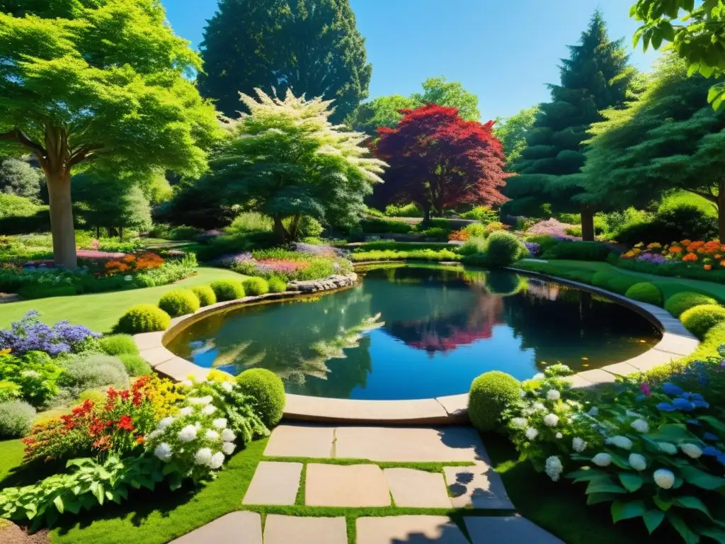 Un jardín exuberante y vibrante, con flores coloridas, árboles frondosos y un estanque tranquilo reflejando el cielo azul