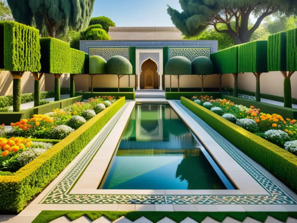 Un jardín islámico contemporáneo con exuberante vegetación, patrones geométricos, flores vibrantes y un estanque central, reflejando la arquitectura