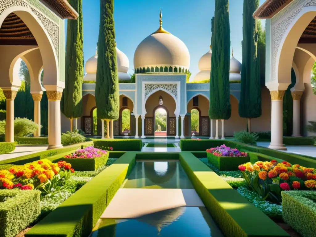 Jardín islámico exquisito: un oasis de belleza y serenidad Un jardín islámico exquisitamente diseñado con exuberante vegetación, flores coloridas y elegantes fuentes