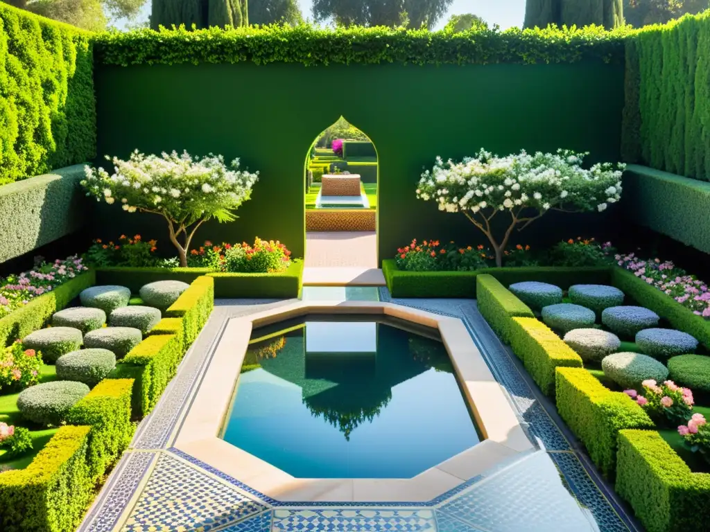 Un jardín islámico con patrones geométricos, vegetación exuberante y una piscina central rodeada de flores coloridas y setos cuidadosamente recortados