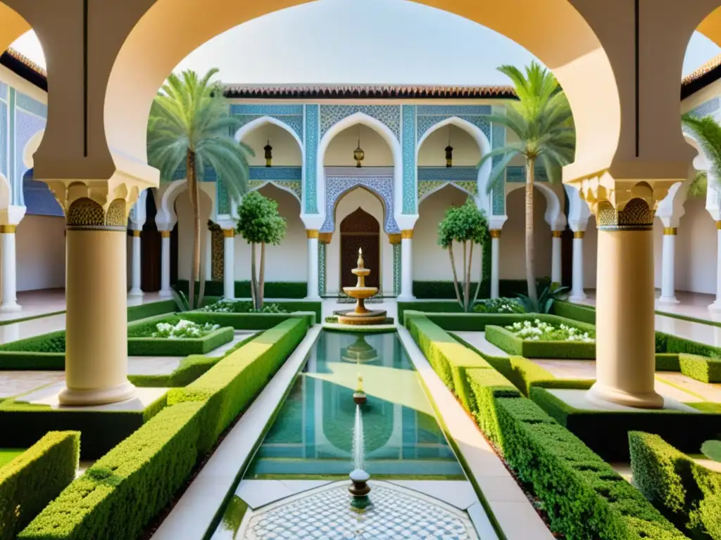 Un jardín islámico con plantas y árboles poesía islámica, senderos de azulejos y una atmósfera serena bajo la luz del sol