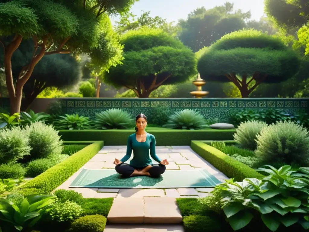 Jardín de sanación islámica: armonía y bienestar Un jardín islámico de sanación holística con diversidad, paz y armonía, reflejando la filosofía islámica de medicina holística