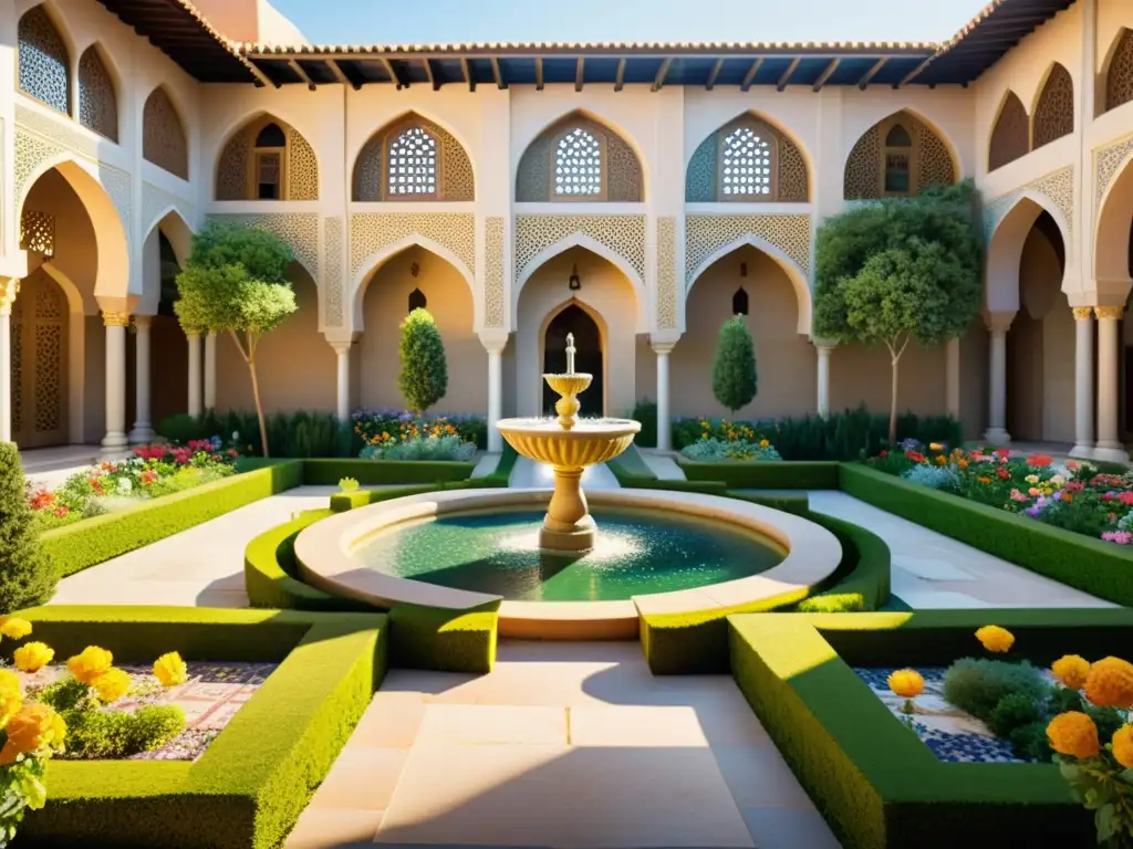 Un jardín islámico con simbolismo ecológico en su arquitectura, lleno de vida, naturaleza y serenidad bajo la cálida luz dorada