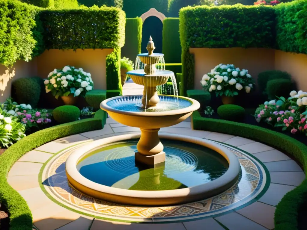 Un jardín sereno con flores vibrantes, un tranquilo patio con una fuente