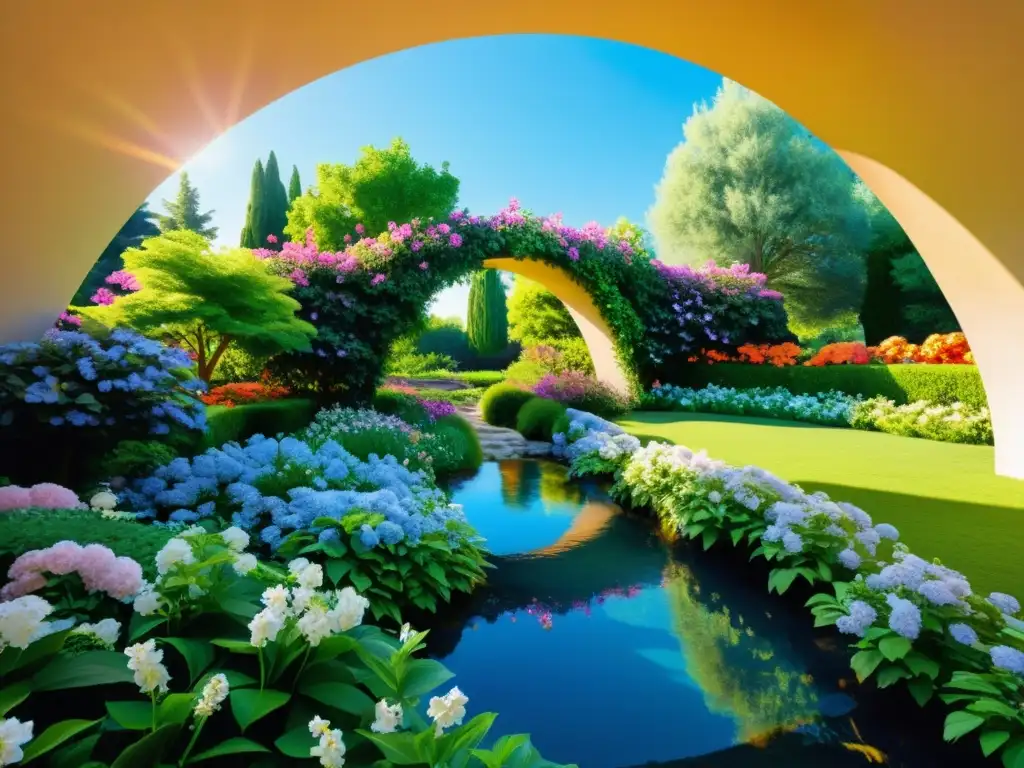 Jardín sereno con arroyo y flores vibrantes Un jardín sereno con flores vibrantes, arroyo cristalino y arquitectura islámica, evocando 'Metáforas islámicas en poesía mundial'