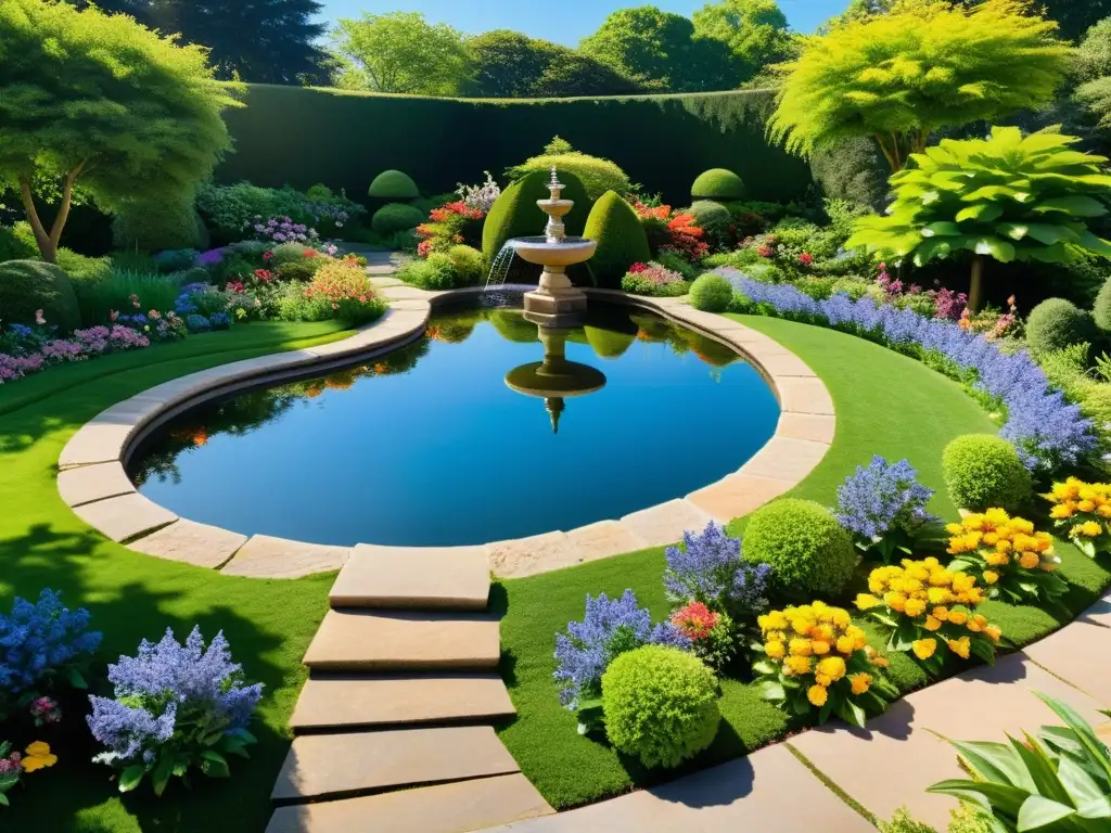 Un jardín sereno con flores vibrantes, un estanque tranquilo y una fuente de piedra entre vegetación exuberante