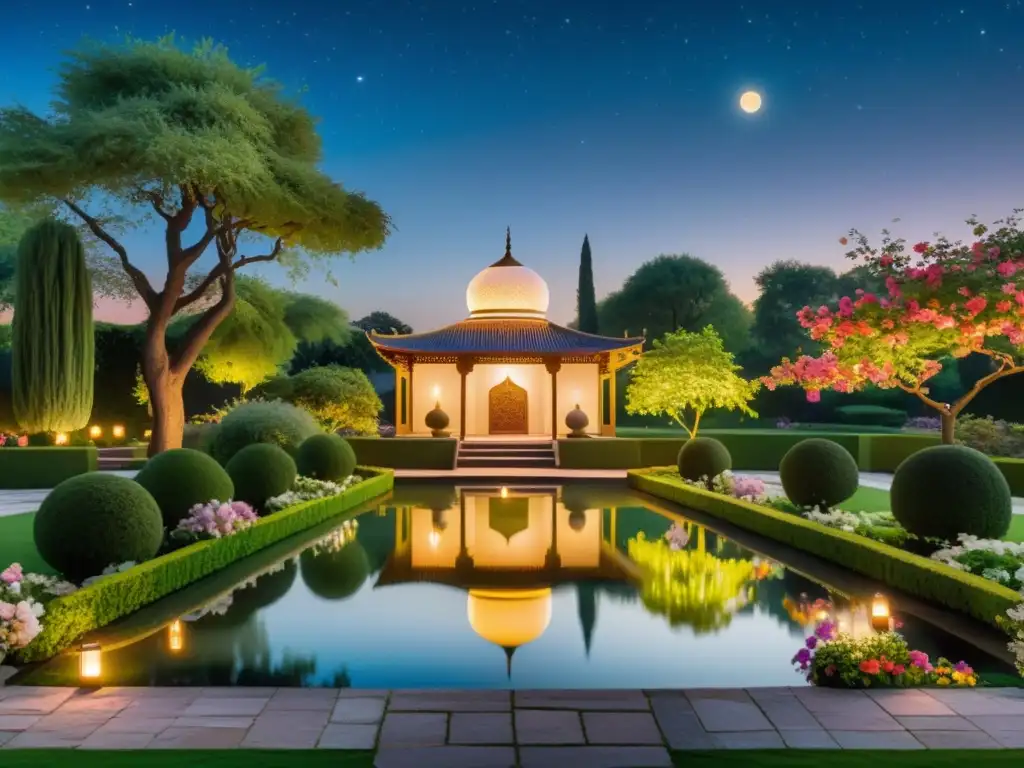 Un jardín sereno iluminado por la luna con arquitectura islámica, flores vibrantes y un estanque tranquilo