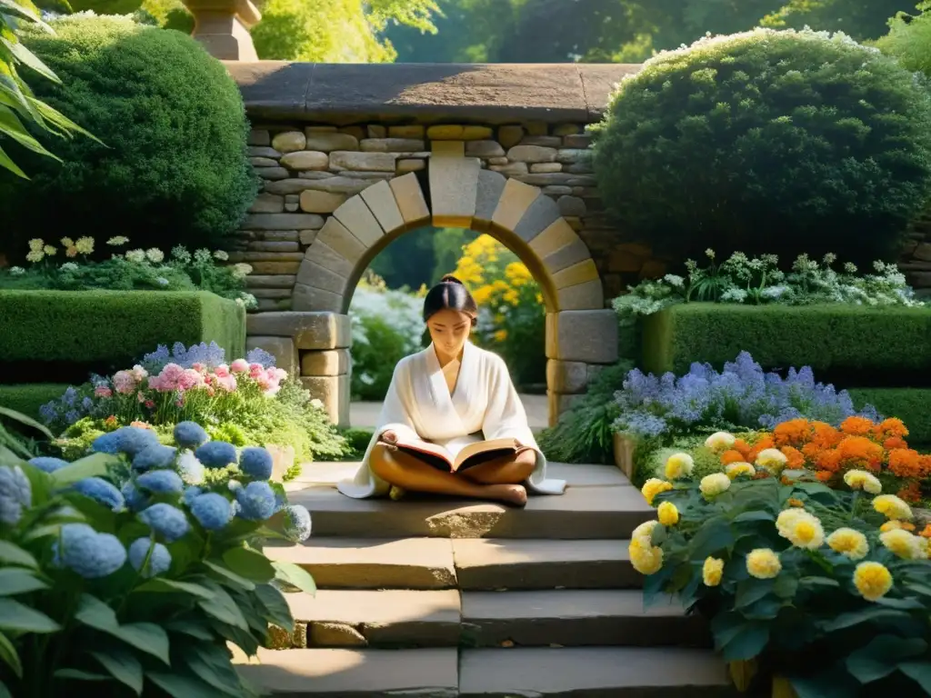 Un jardín sereno y tranquilo con flores vibrantes y un sabio en meditación rodeado de libros