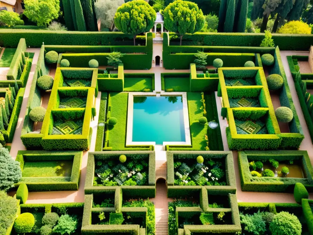 Jardines de la Alhambra, influencia del concepto islámico paraíso horticultura: geometría floral, agua serena, palacio de fondo