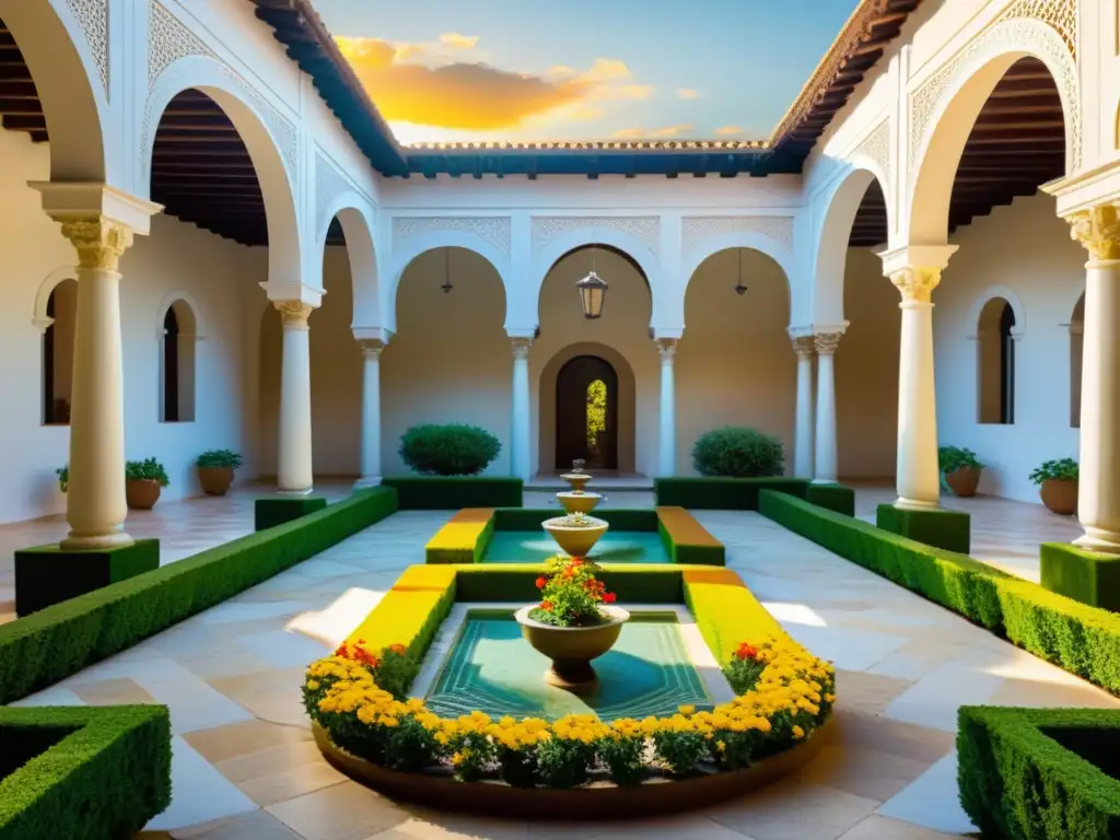 Jardines en arquitectura de mezquitas: un oasis sereno con patrones geométricos, vegetación exuberante y luz dorada en la Mezquita-Catedral de Córdoba
