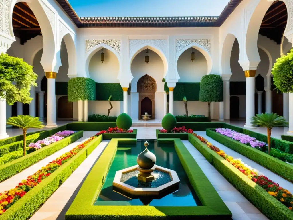 Jardines en arquitectura de mezquitas: un oasis de flores y agua en el corazón de una majestuosa mezquita, con luz filtrándose entre los arcos