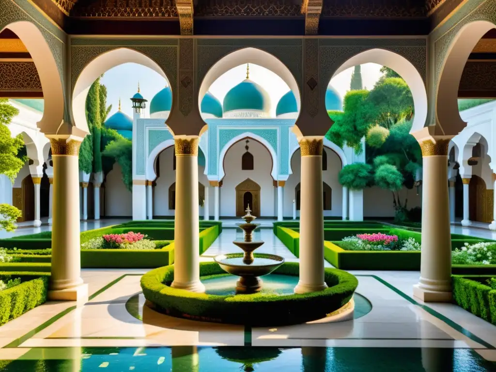 Jardines en arquitectura de mezquitas: un oasis verde y sereno rodeado de elegantes columnas y arcos, bañado por la cálida luz del sol