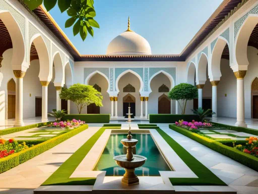 Jardines en arquitectura de mezquitas: Un patio sereno con patrones geométricos, vegetación exuberante, flores vibrantes y una fuente central rodeada de azulejos ornamentados y columnas de mármol, bañado por la cálida luz del sol