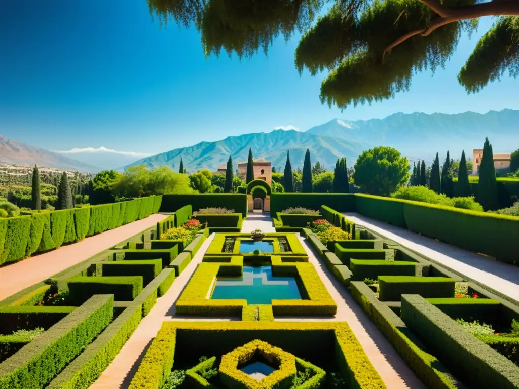 Jardines del Generalife en la Alhambra, con diseño islámico y Sierra Nevada al fondo