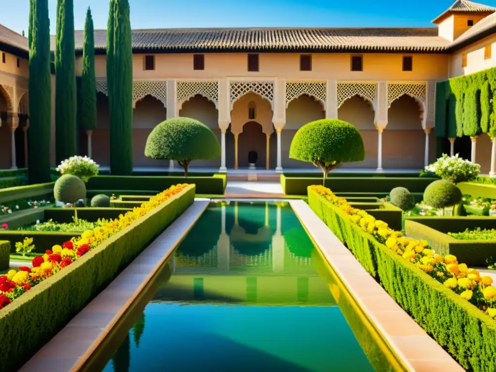 Jardines geométricos de la Alhambra en Granada, España, destacan la belleza de la arquitectura de parques y jardines islámicos