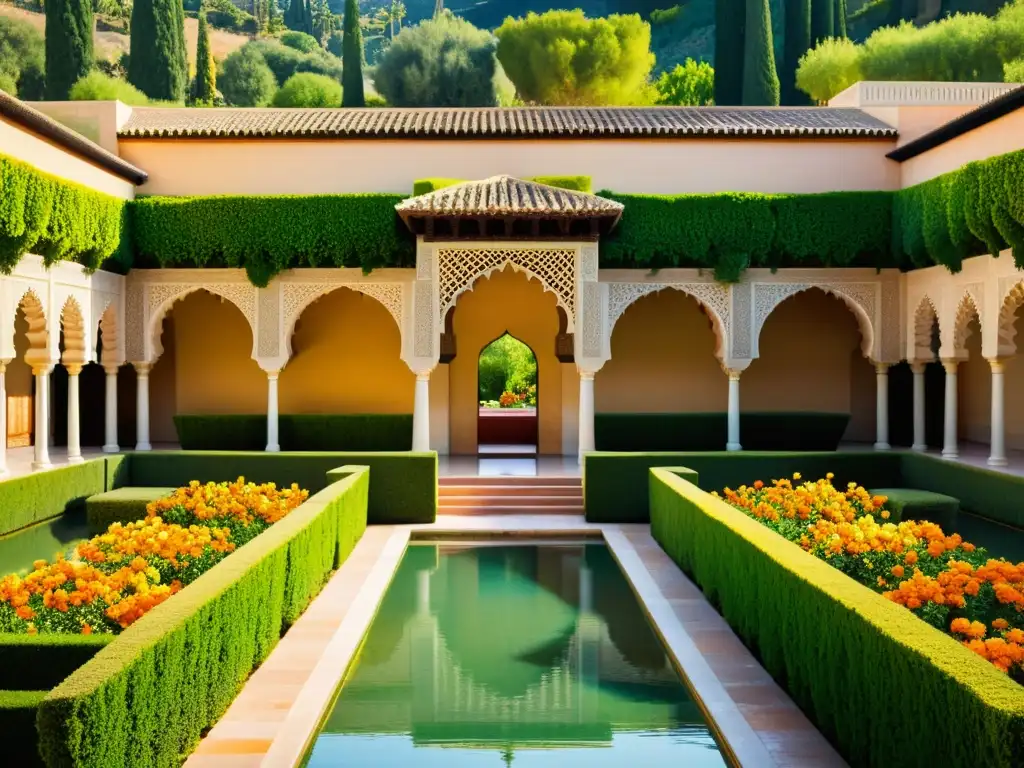 Jardines de la Alhambra en Granada, España: influencia islámica en el diseño paisajístico, con exuberante vegetación y patrones geométricos