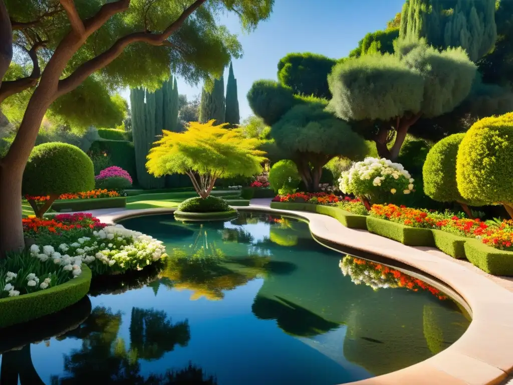 Jardines islámicos de Los Califatos: paisaje sereno con flores vibrantes, árboles podados y un estanque cristalino