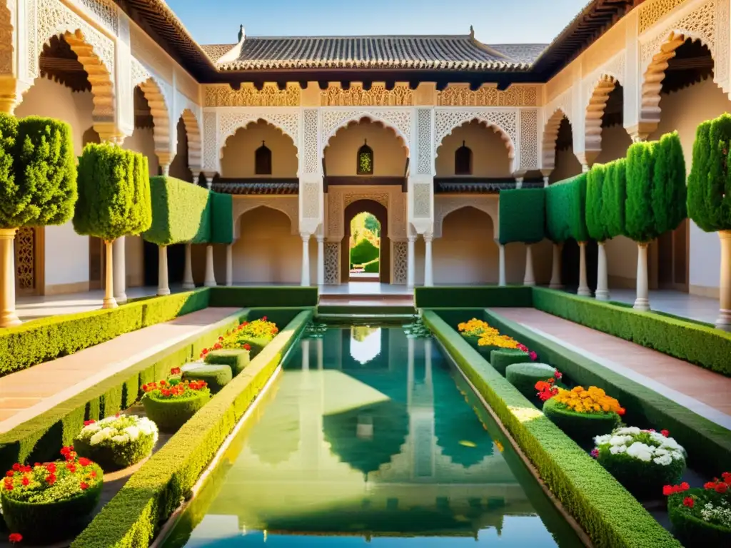 Jardines islámicos con geometría sagrada, flores coloridas y agua serena en la Alhambra, Granada