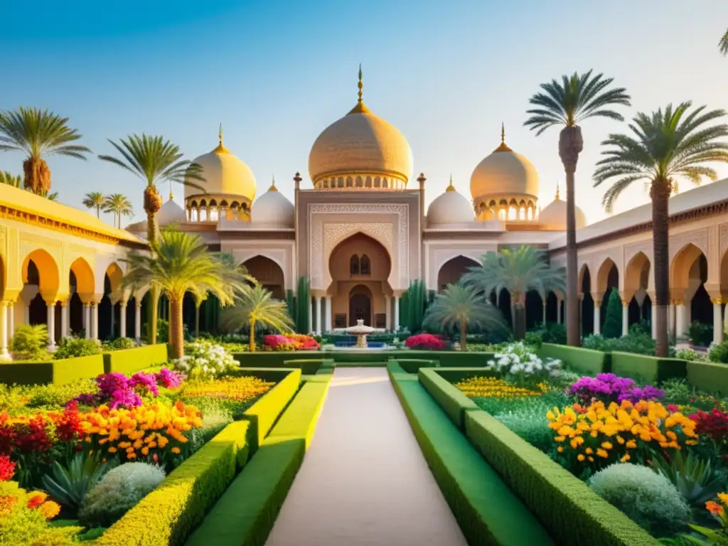 Jardines de Al-Andalus en España musulmana: un exuberante oasis de flores, plantas exóticas y arquitectura árabe, bañado por la cálida luz del sol