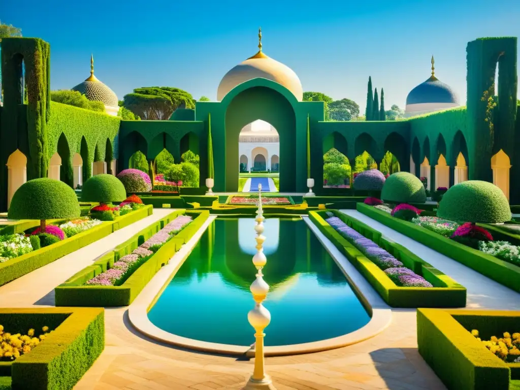 Jardines reales de la época dorada del Islam con flores, fuentes y palacio majestuoso